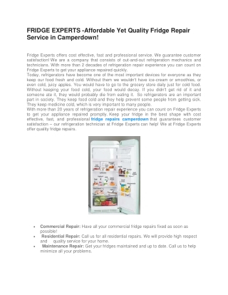 FRIDGE EXPERTS -Affordable Yet Quality Fridge Repair Service in Camperdown!