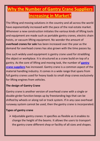 Why the Number of Gantry Crane Suppliers Increasing in Market?