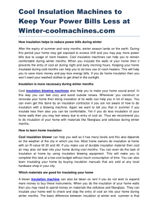 Cool Insulation Machines to Keep Your Power Bills Less at Winter-coolmachines.com