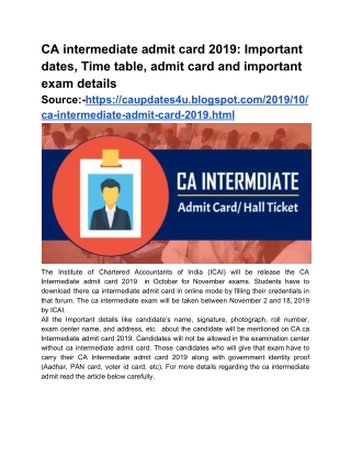 CA intermediate admit card 2019: Important dates, Time table, admit card and important exam details