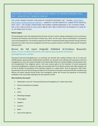 Paroxysmal Nocturnal Hemoglobinuria Market by Credence Research 2019-2027 – Industry Size, Trends & Forecast