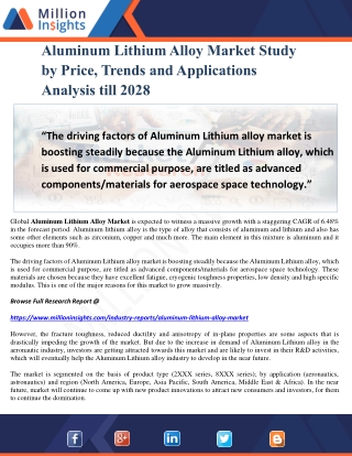 Aluminum Lithium Alloy Market Study by Price, Trends and Applications Analysis till 2028