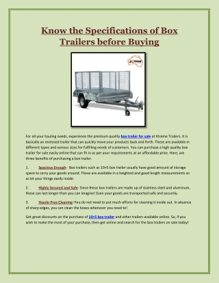 Know the Specifications of Box Trailers before Buying