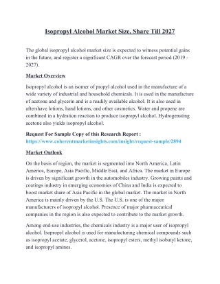 Isopropyl Alcohol Market Size, Share Till 2027