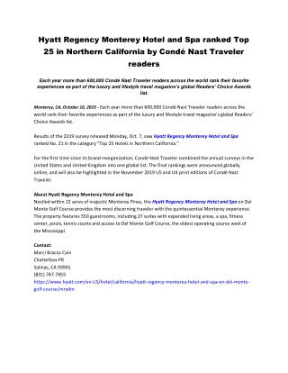 Hyatt Regency Monterey Hotel and Spa ranked Top 25 in Northern California by Condé Nast Traveler readers