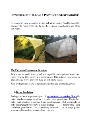 BENEFITS OF BUILDING A POLY HOUSE/GREENHOUSE