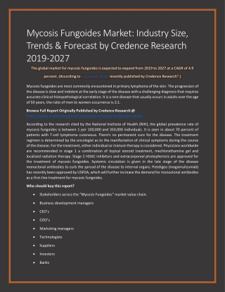 Mycosis Fungoides Market: Industry Size, Trends & Forecast by Credence Research 2019-2027