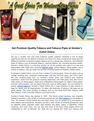 Get Premium Quality Tobacco and Tobacco Pipes at Smoker's Outlet Online