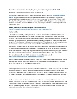 Power Tool Batteries Market to reach US$ 55.04 Bn by 2027