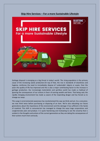 Skip Hire Services – For a more Sustainable Lifestyle