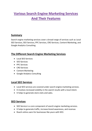 Search Engine Marketing Services And Their Features