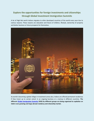 Explore the opportunities for foreign investments and citizenships through Global Investment Immigration Summits