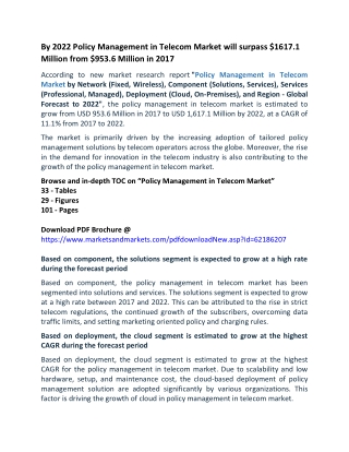 By 2022 Policy Management in Telecom Market will surpass $1617.1 Million from $953.6 Million in 2017