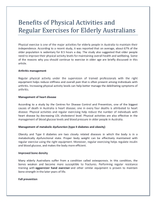 Benefits of Physical Activities and Regular Exercises for Elderly Australians