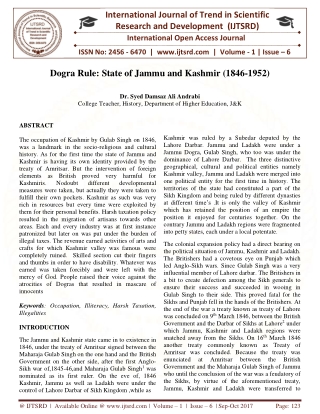 Dogra Rule State of Jammu And Kashmir 1846 1952