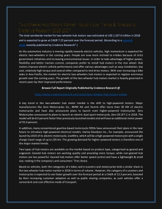 Two Wheeler Hub Motors Market: Industry Size, Trends & Forecast by Credence Research 2019-2027