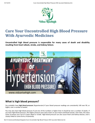 Cure Uncontrolled High Blood Pressure With Ayurvedic Medicines