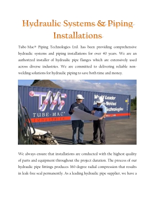 Hydraulic Systems & Piping Installations