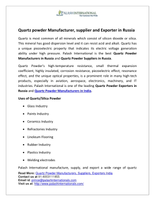 Quartz powder Manufacturer, supplier and Exporter in Russia