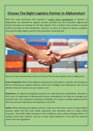 Choose The Right Logistics Partner In Afghanistan!