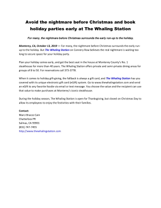 Avoid the nightmare before Christmas and book holiday parties early at The Whaling Station