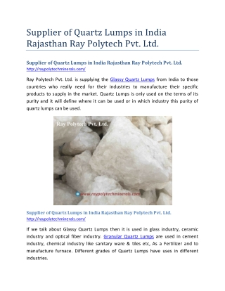 Supplier of Quartz Lumps in India Rajasthan Ray Polytech Pvt. Ltd.