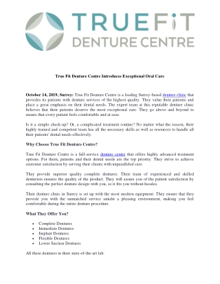 True Fit Denture Centre Introduces Exceptional Oral Care