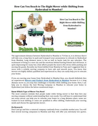 How Can You Reach to The Right Mover while Shifting from Hyderabad to Mumbai?