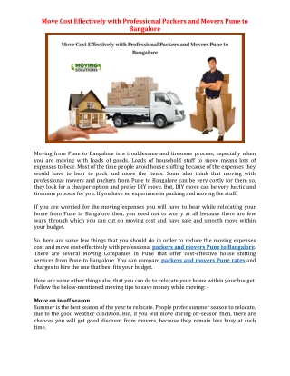 Move Cost Effectively with Professional Packers and Movers Pune to Bangalore
