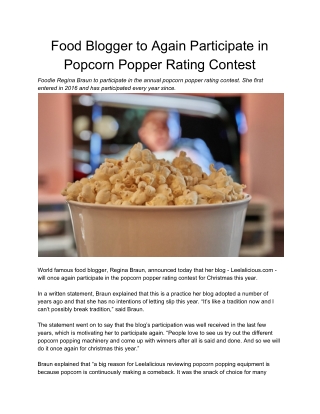 Food Blogger to Again Participate in Popcorn Popper Rating Contest