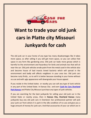 Want to trade your old junk cars in Platte city Missouri Junkyards for cash