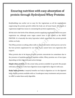 Ensuring nutrition with easy absorption of protein through Hydrolyzed Whey
