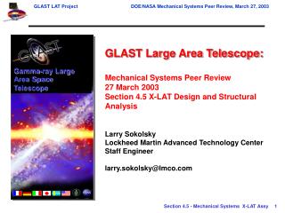 GLAST Large Area Telescope: Mechanical Systems Peer Review 27 March 2003 Section 4.5 X-LAT Design and Structural Analysi