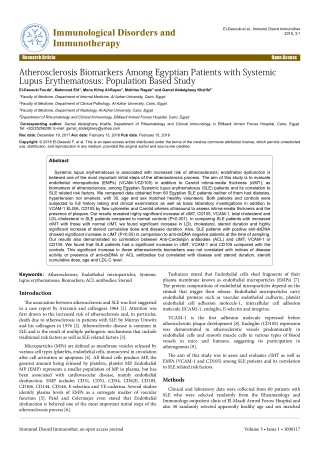 Atherosclerosis Biomarkers Among Egyptian Patients with Systemic Lupus Erythematosus: Population Based Study