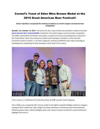 Carmel’s Yeast of Eden Wins Bronze Medal at the 2019 Great American Beer Festival®