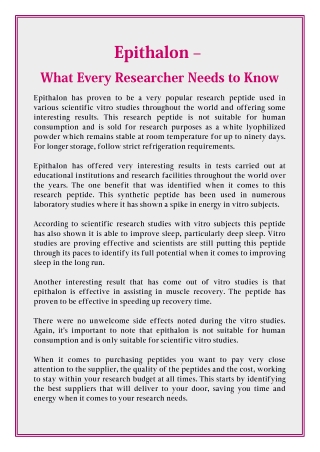 Epithalon – What Every Researcher Needs to Know