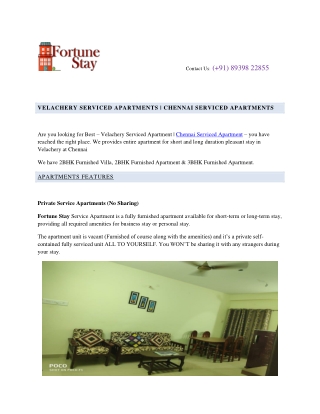 VELACHERY SERVICED APARTMENTS | CHENNAI SERVICED APARTMENTS