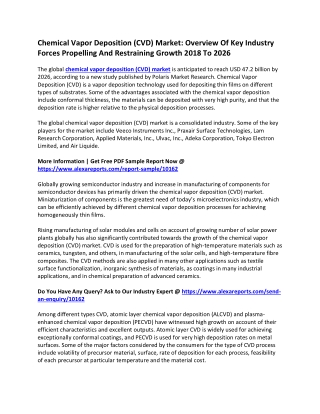 Chemical Vapor Deposition (CVD) Market: Overview Of Key Industry Forces Propelling And Restraining Growth 2018 To 2026