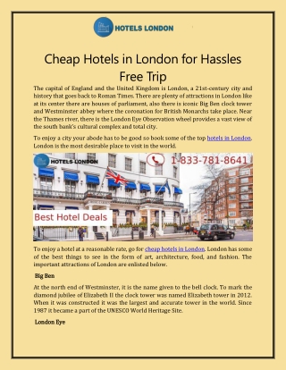 Cheap Hotels in London for Hassles Free Trip