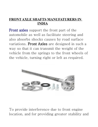 FRONT AXLE SHAFTS MANUFATURERS IN INDIA