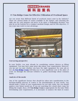 15 Ton Bridge Crane for Effective Utilization of Overhead Space