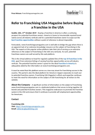 Refer to Franchising USA Magazine before buying a franchise in the USA