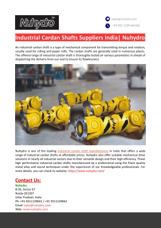 Industrial Cardan Shafts Suppliers India-Nuhydro