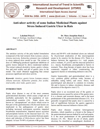 Anti ulcer activity of some Indian Medicinal Plants against Stress Induced Gastric Ulcer in Rats