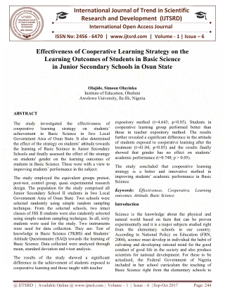 Effectiveness of Cooperative Learning Strategy on the Learning Outcomes of Students in Basic Science in Junior Secondary