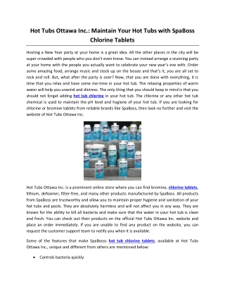 Hot Tubs Ottawa Inc.: Maintain Your Hot Tubs with SpaBoss Chlorine Tablets