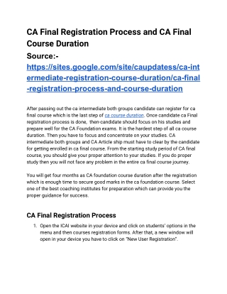 CA Final Registration Process and CA Final Course Duration
