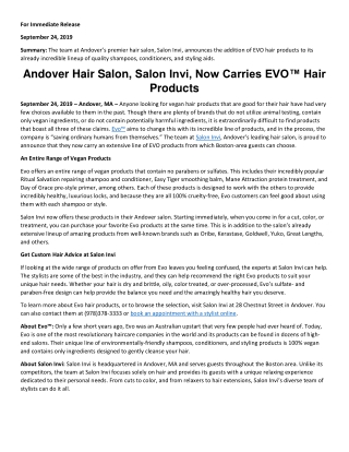 Andover Hair Salon, Salon Invi, Now Carries EVO™ Hair Products