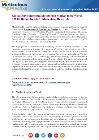 Global Environmental Monitoring Market to be Worth $21.08 Billion by 2025- Meticulous Research