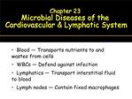 Blood Transports nutrients to and wastes from cells WBCs Defend against infection Lymphatics Tran